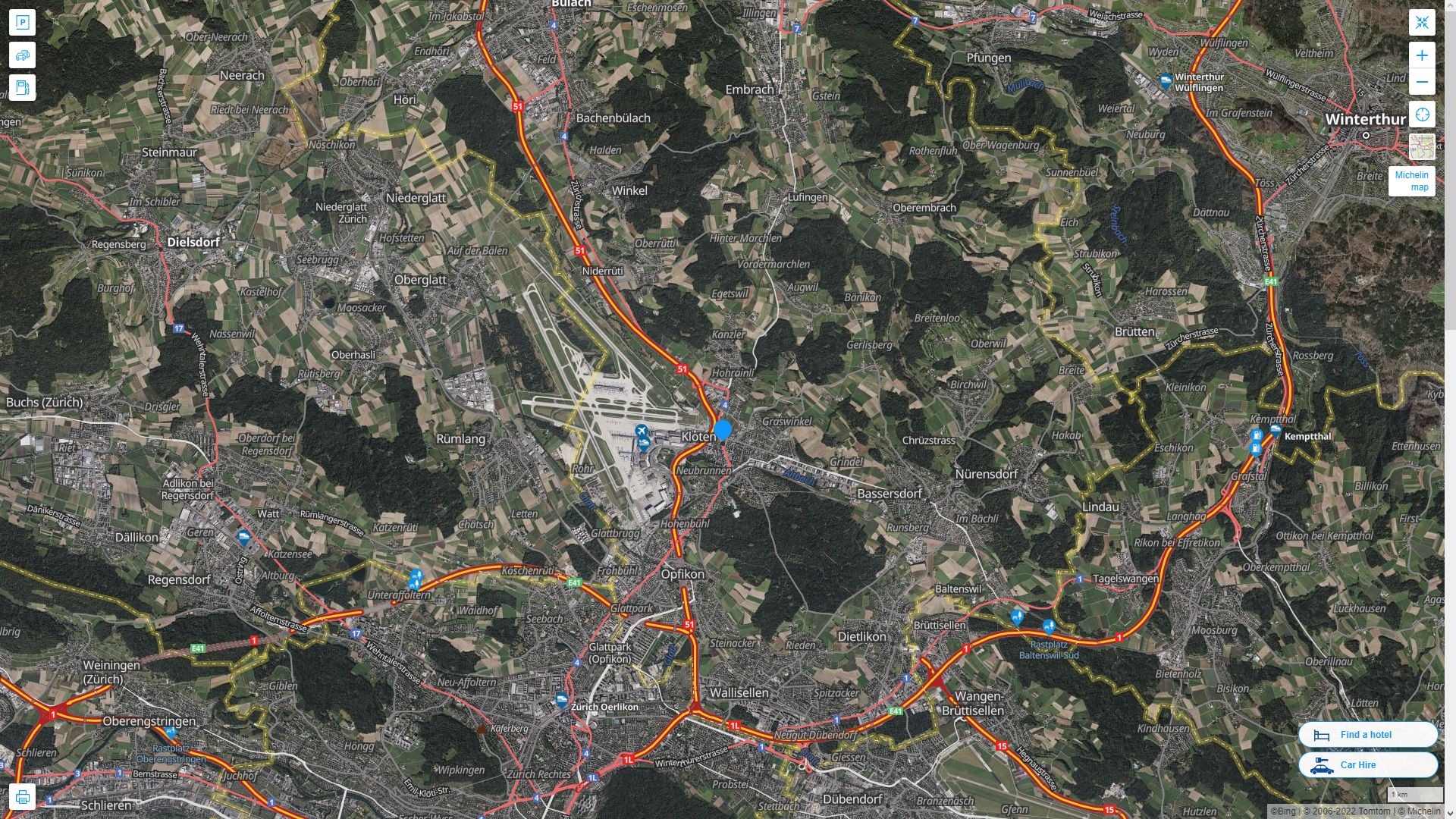 Kloten Suisse Autoroute et carte routiere avec vue satellite
